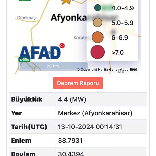 Afyonkarahisar Merkezinde 4.4 Büyüklüğünde Deprem